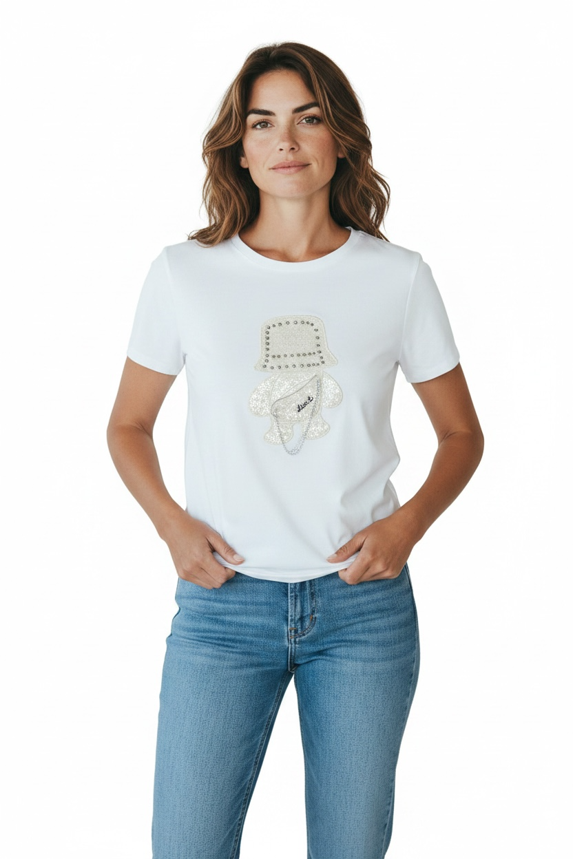 Balti Marškinėliai su Meškiuko Aplikacija - moteriški drabužiai | AEstudio